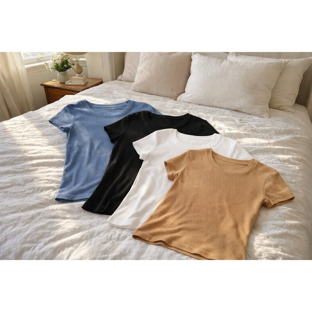 Women’s 4 Pack Ribbed Stretch T-Shirts Size M Rayon Spandex Crew Neck Basic Tops